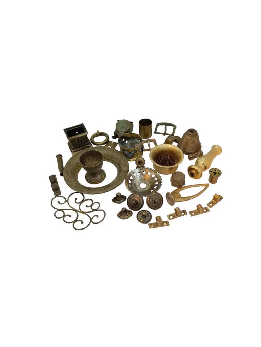 Lot Of Vintage Brass Hardware, Lamp Tops, Drawer Pulls, Bell, Buckles And More